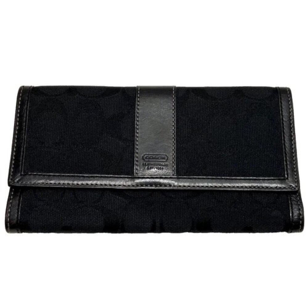 Coach Legacy Slim Trifold Wallet Signature Logo Black Canvas Leather Trim EUC
